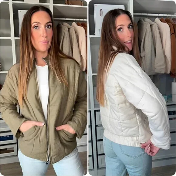 Womens Dolman Quilted Lightweight Jackets Full-zip Stand Collar Loose Warm Winte